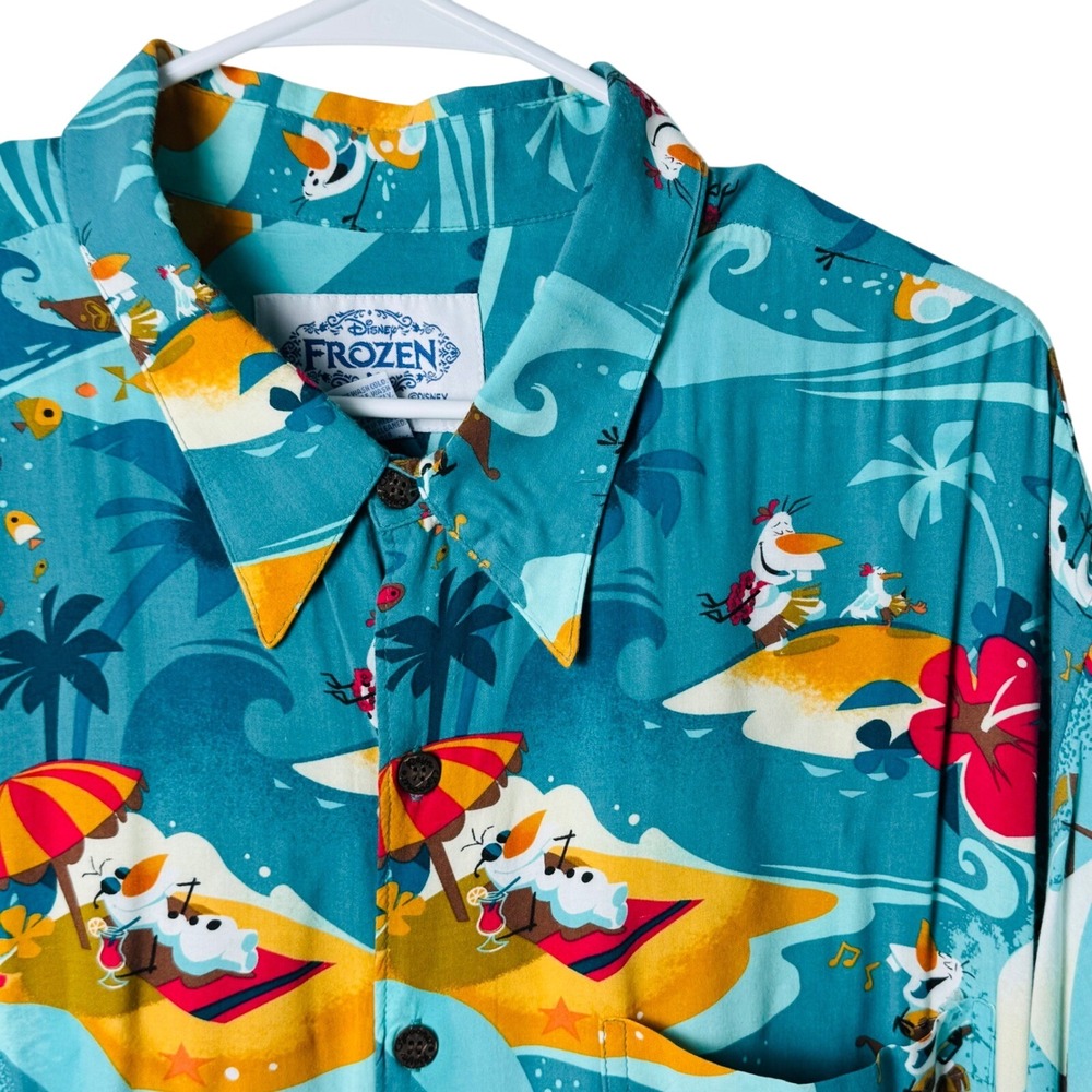 Reyn Spooner Button Down Mens 3XL Teal Disney Frozen Olaf In Summer Rayon Shirt